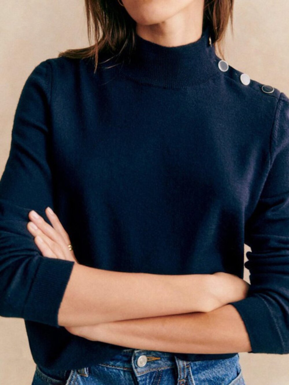 New Sézane Jacob Merino Wool Mock Neck Sweater Navy XXL